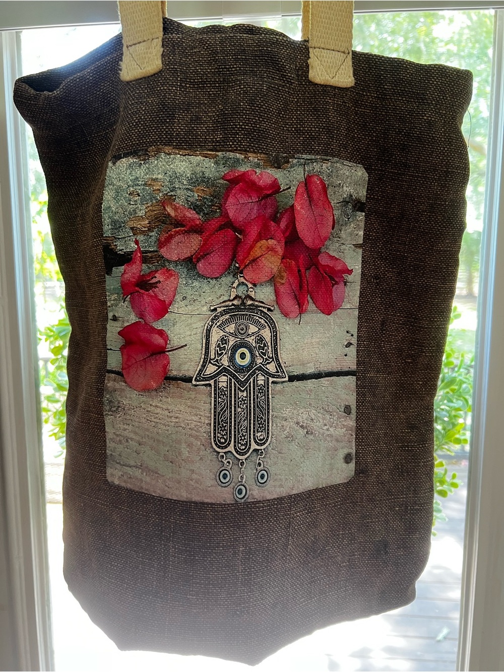 Alternative Branded hamsa with flowers on Taupe-Gray Canvas tote bag